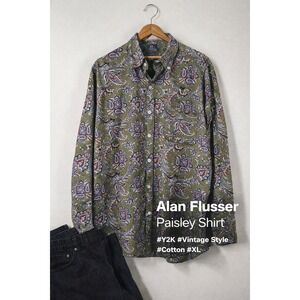 Alan Flusser Paisley Button Up Shirt Mens XL Olive Green Vintage Style Cotton
